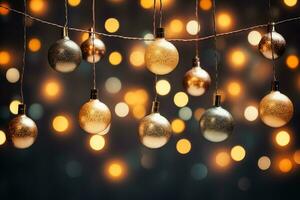 Retro-style Christmas lights and garlands twinkling with warmth isolated on a whimsical gold and silver gradient background photo