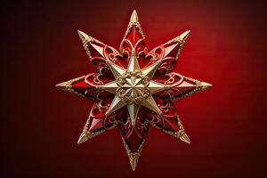 Victorian style Christmas tree topper a golden star gleaming with sparkle isolated on a holiday red gradient background photo