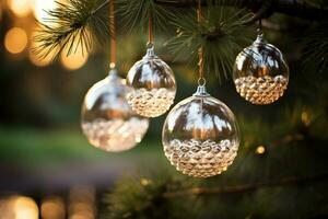 Classic 20th-century glass baubles hanging from a pine tree reflecting the joy and tradition of a bygone era photo