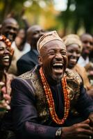 Joyous laughter fills the air as wedding guests celebrate the newlyweds blissful union photo