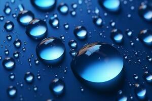 Captivating water droplets on a gradient-filled deep blue background. AI Generated photo