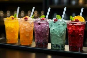 glacial Fruta granizados estar unido en el plastico tazas, formando un frío póngase en fila ai generado foto