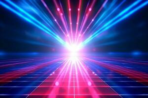 Vibrant blue and red rays create an electrifying disco atmosphere. AI Generated photo