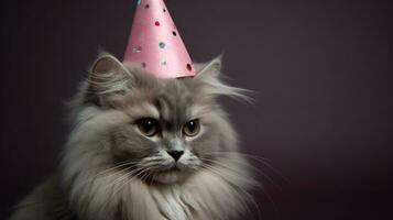 teñido de rosa fondo, gatito con cumpleaños sombrero en primer plano ai generado foto