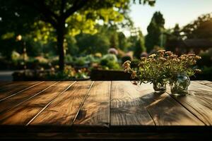 Natures showcase Vacant wooden table in park, ready for product displays amidst greenery AI Generated photo