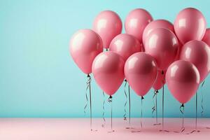 Pastel balloons on pink background 3d rendering, Birthday party background, Copy space AI Generated photo