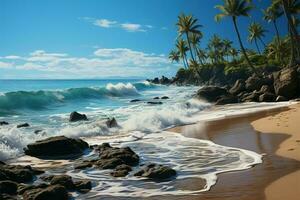 Beachside elegance Palms sway gracefully along the shore, framing oceans allure AI Generated photo