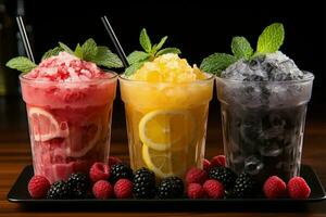 Vibrant icy fruit slush, chilled in cups Colorful refreshment, frozen delight AI Generated photo