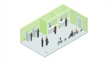 Bank scene 2d animation explainer stock footage, loop animation, Management and staff doing their duty, customer sitting and waiting in bank, Withdrawing cash from ATM and desk, 4k resolution video