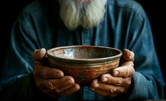 Empty bowl held by elderly hands, symbolizing the stark reality of hunger AI Generated photo