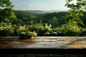Park product stage Empty wooden table awaits nature inspired displays against lush backdrop AI Generated photo