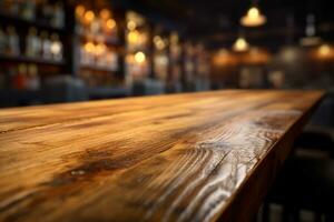 Top of Wooden table with Blurred Bar Interior restaurant background AI Generated photo