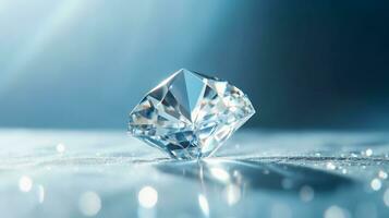 Beautiful diamond on shiny light blue background, closeup. Space for text AI Generated photo