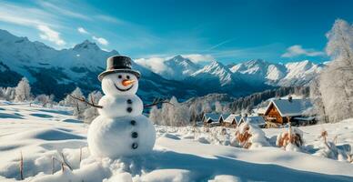 Festive New Year's snowman, Christmas background postcard - AI generated image photo