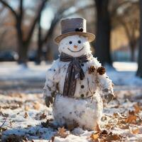 festivo nuevo años muñeco de nieve, Navidad antecedentes tarjeta postal - ai generado imagen foto