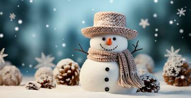 Festive New Year's snowman, Christmas background postcard - AI generated image photo