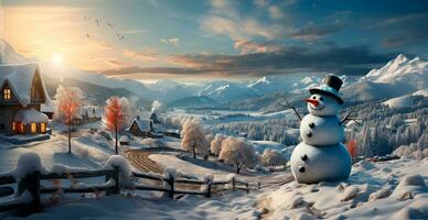 Festive New Year's snowman, Christmas background postcard - AI generated image photo