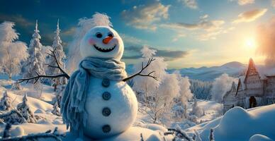 Festive New Year's snowman, Christmas background postcard - AI generated image photo