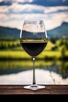 Close-up of Glass of Red Wine Reflecting Vineyard Landscape Offering Serene Ambiance AI Generative photo