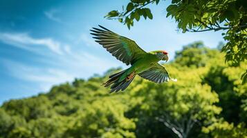 Dense, emerald-green jungle scene with a vibrant parrot flying amidst the foliage AI Generative photo