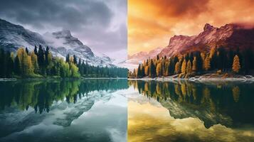 Ethereal Landscape Shot Capturing the Sun's Golden Hue Over Majestic Mountains and Serene Lakes AI Generative photo