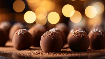 lujoso Leche chocolate trufas en brillante pulido superficie con bokeh efecto ai generativo foto