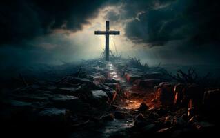 Christian Cross on top of a devastated land on dark stormy day. Concept of apocalypse, judgment day, end of world, destruction of planet Earth. AI Generative photo