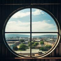 Overlooking a bustling manufacturing plant through a circular window AI Generative photo