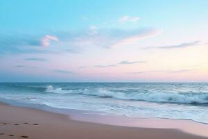 Tranquil beach scene at twilight with soft sunset colors blending into sky for ample copy space AI Generative photo