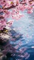 Ethereal image of a tranquil koi pond surrounded by blooming cherry blossoms AI Generative photo