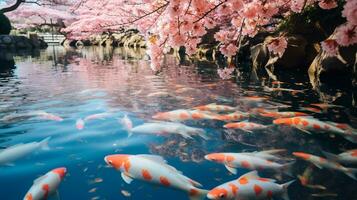 Ethereal image of a tranquil koi pond surrounded by blooming cherry blossoms AI Generative photo