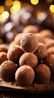 lujoso Leche chocolate trufas en brillante pulido superficie con bokeh efecto ai generativo foto