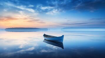 Peaceful dawn over a calm lake with a solitary rowing boat in the distance AI Generative photo