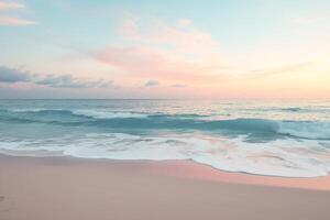 Tranquil beach scene at twilight with soft sunset colors blending into sky for ample copy space photo
