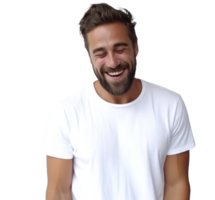 man laughing smiling as he wears white tshirt png