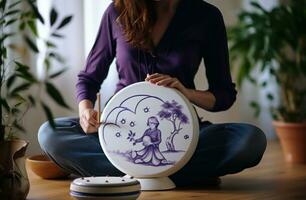 a woman playing a qi gong with drums. photo