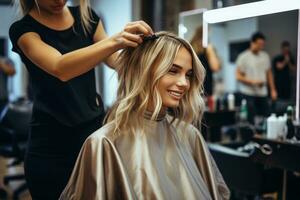 mujer consiguiendo un Corte de pelo en pelo salón. foto