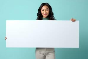 asian woman standing next to blank white sign banner. photo