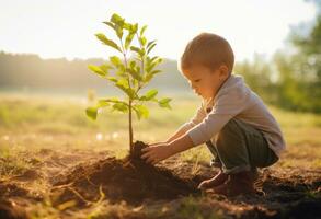 father planting tree with little boy photo