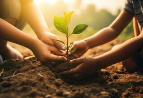 father planting tree with little boy photo