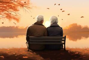 a picture of an older couple sitting by the water. photo