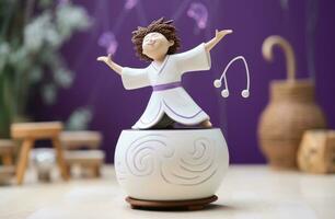 a woman playing a qi gong with drums. photo