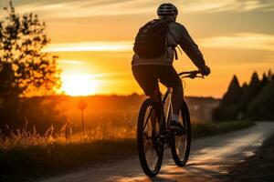 un mayor hombre en su bicicleta a puesta de sol foto