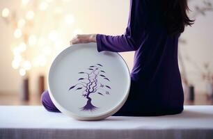 a woman playing a qi gong with drums. photo