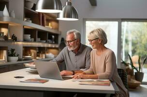 senior couple smiling at each other as they use a laptop photo