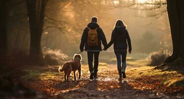 un Pareja y perro caminando en el bosque foto