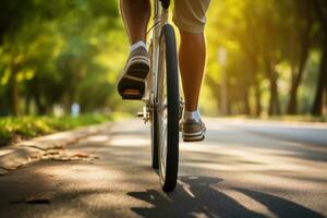 un mayor hombre en su bicicleta a puesta de sol foto