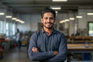 young man smiling for the camera standing in office. photo