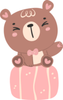 Cute birthday bear, kawaii teddy with pink gift box animal cartoon hand drawn flat design illustration png