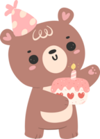 carino compleanno orso con torta asilo ragazzo cartone animato scarabocchio illustrazione. png